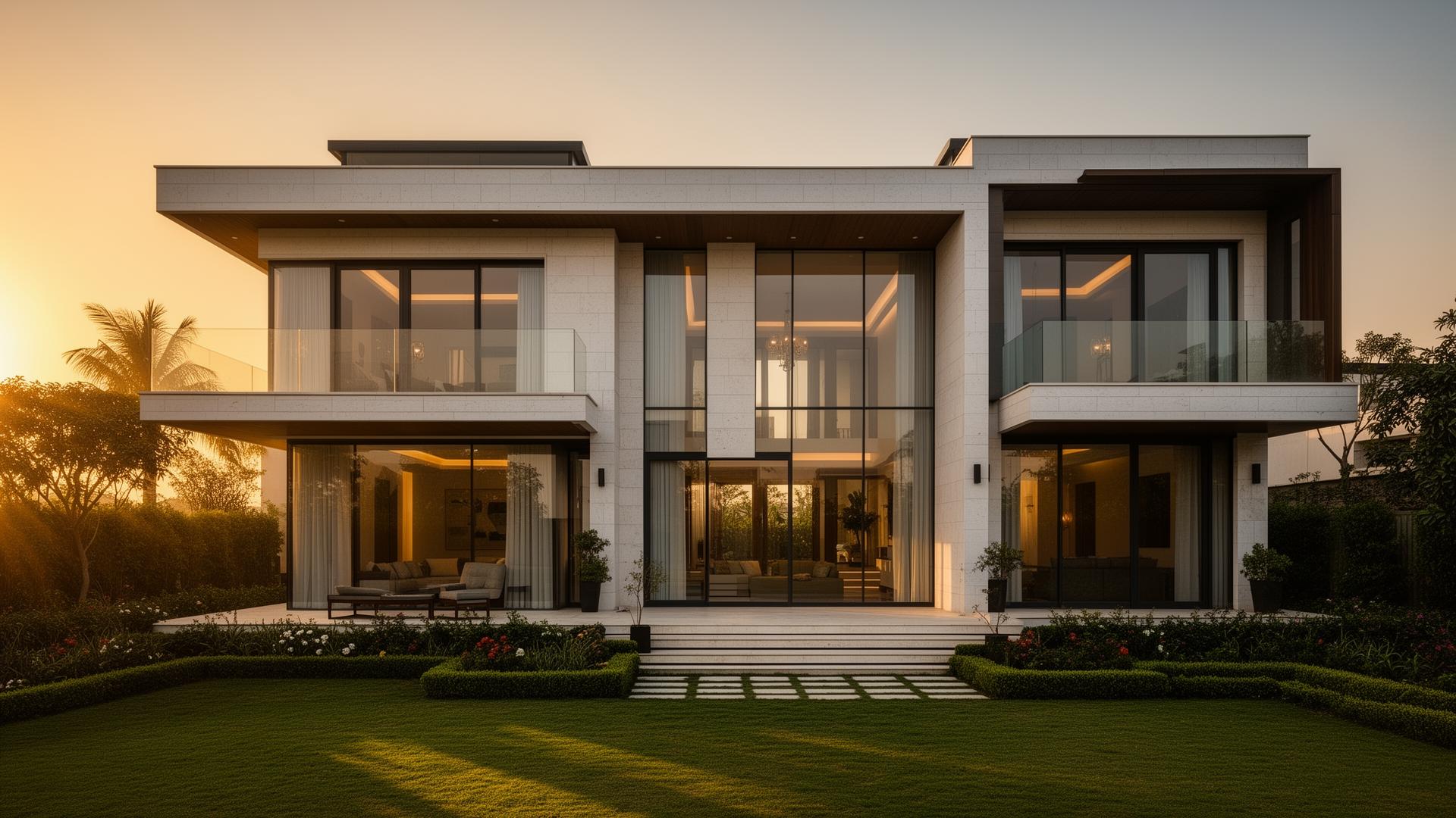 Luxury modern villa exterior at golden hour